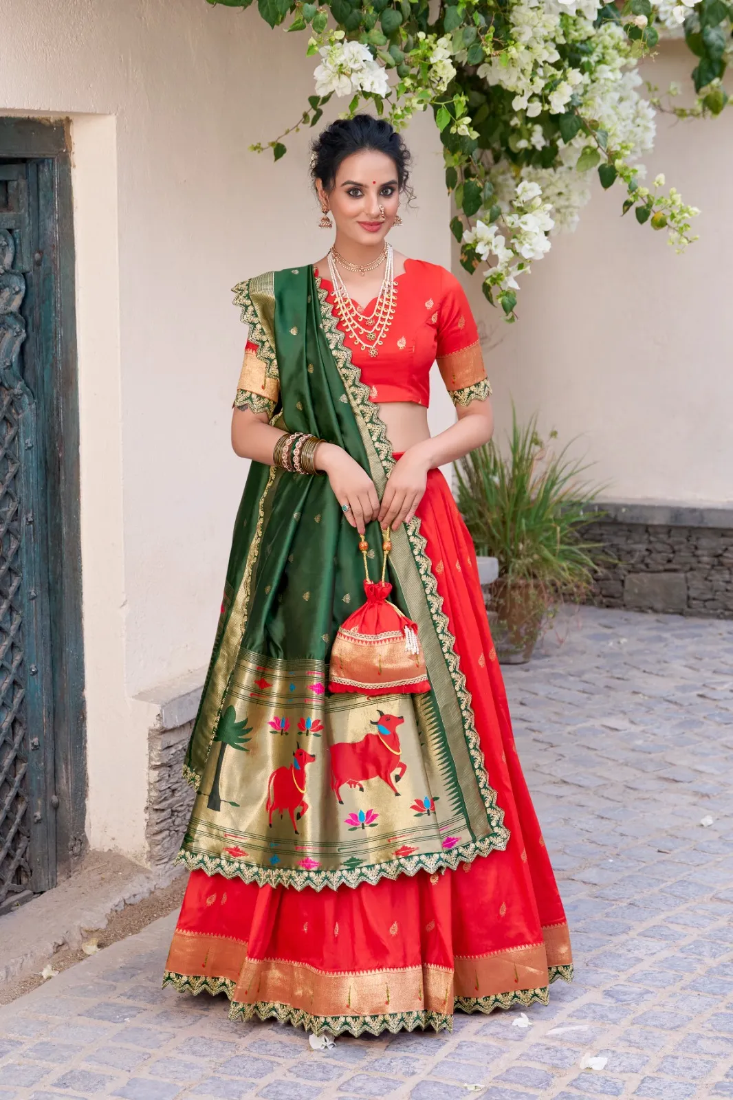 Red Paithani Silk Lehenga Choli for Marathi Bride