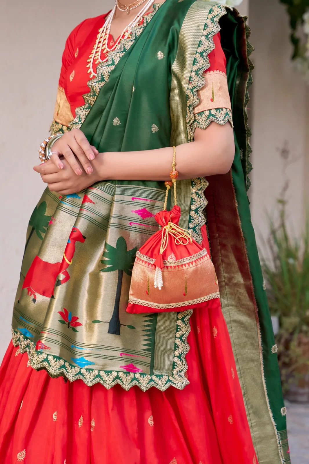 Red Paithani Silk Lehenga Choli for Marathi Bride - Image 3