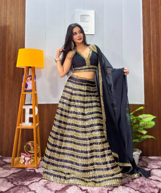 Sangeet Wear Black Lehenga Choli with Golden Embroidery