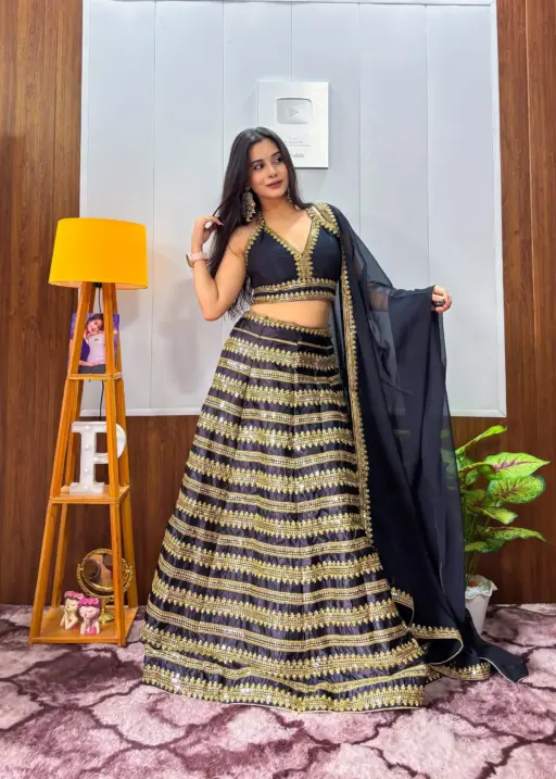 Sangeet Wear Black Lehenga Choli with Golden Embroidery