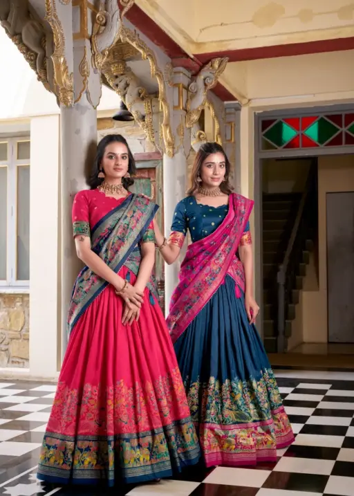 Tassar Silk Half Saree Printed Lehenga