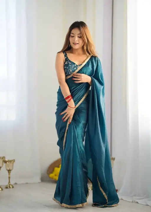 Teal Blue Pooja wear Saree with Stitched Blouse