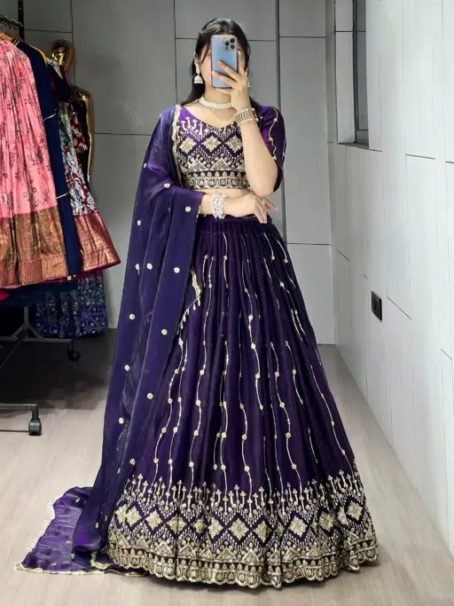 Beads Work Wedding Lehenga Choli In Purple