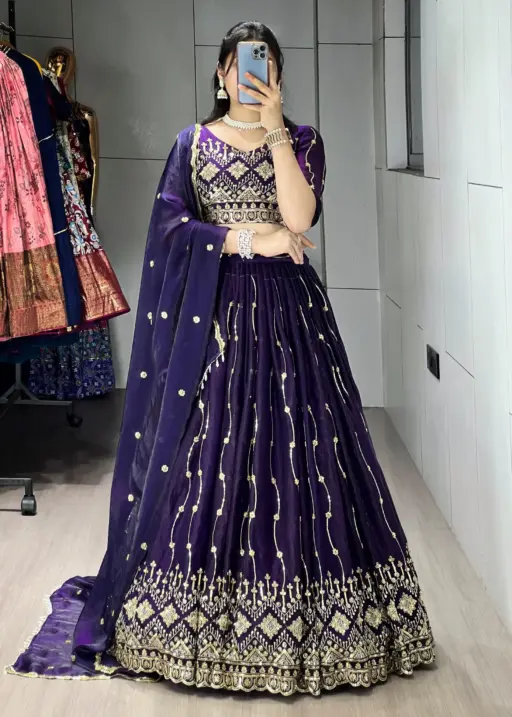 Beads Work Wedding Lehenga Choli In Purple