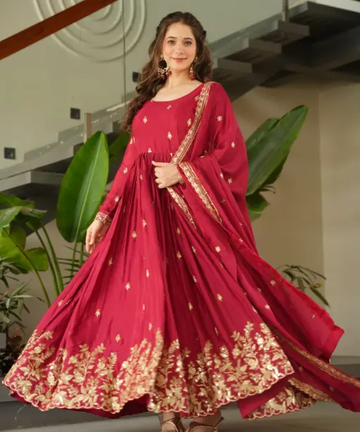 Diwali Special Cherry Red Embroidery Gown