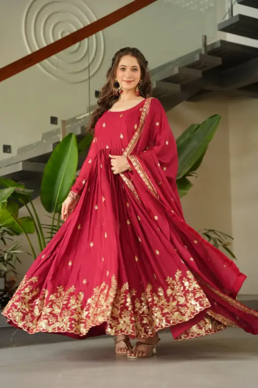 Diwali Special Cherry Red Embroidery Gown