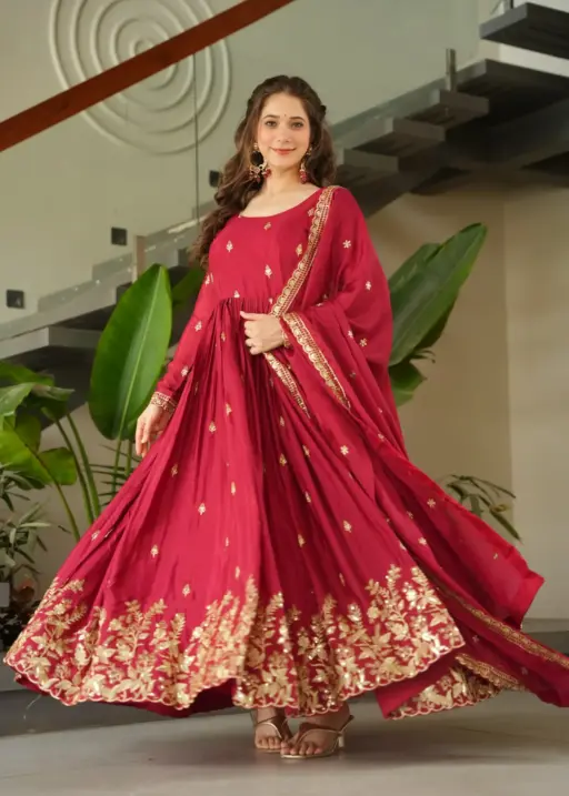 Diwali Special Cherry Red Embroidery Gown