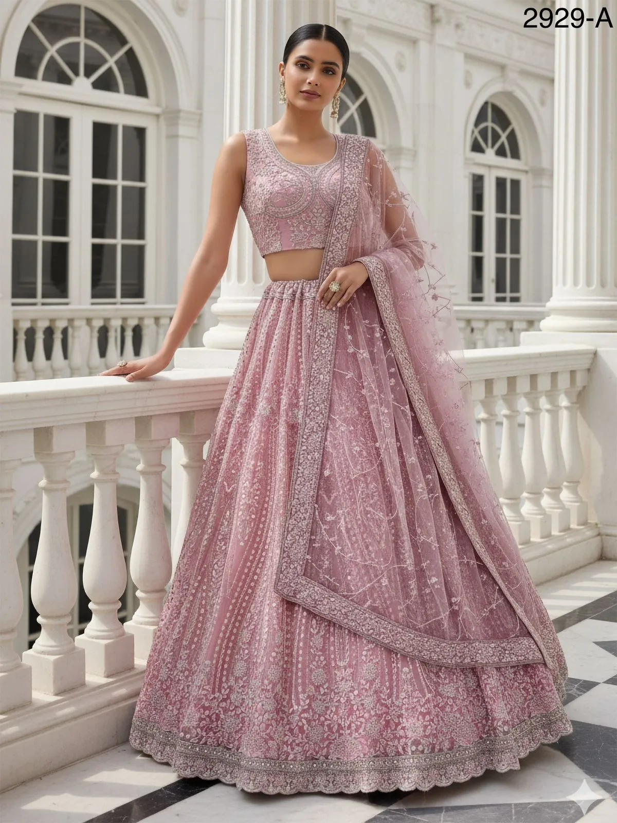 Baby Pink Bridal Net Lehenga - Image 5