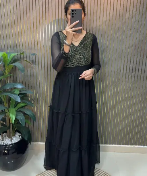 Black Color Handwork Frill Gown