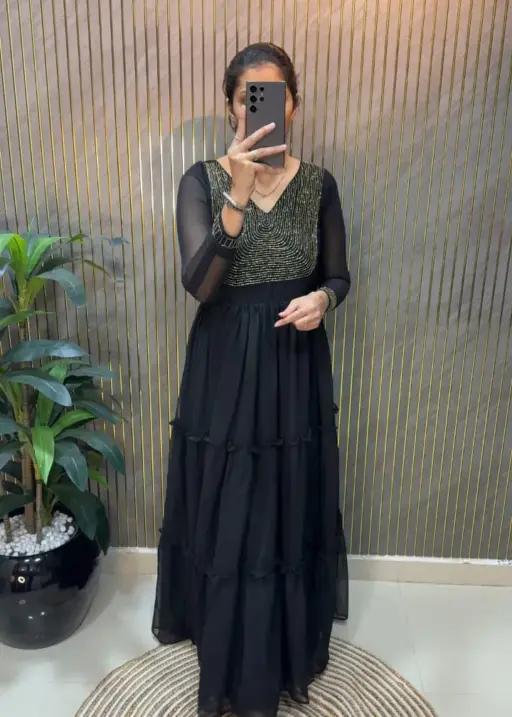 Black Color Handwork Frill Gown