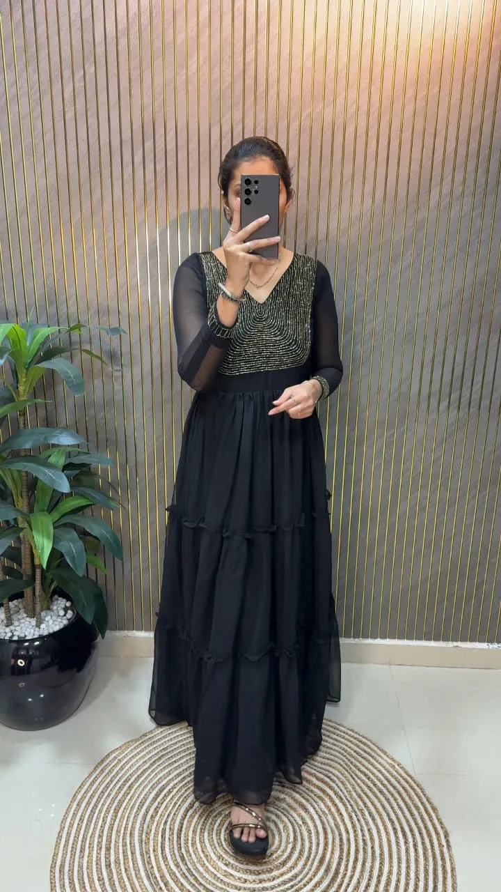 Black Color Handwork Frill Gown