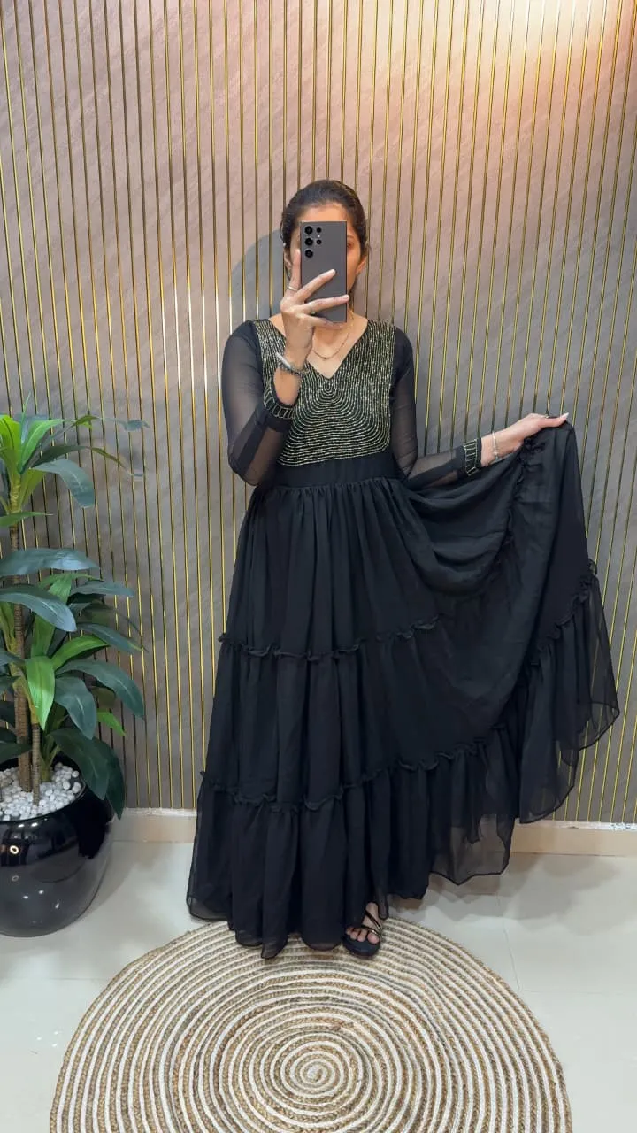 Black Color Handwork Frill Gown - Image 2