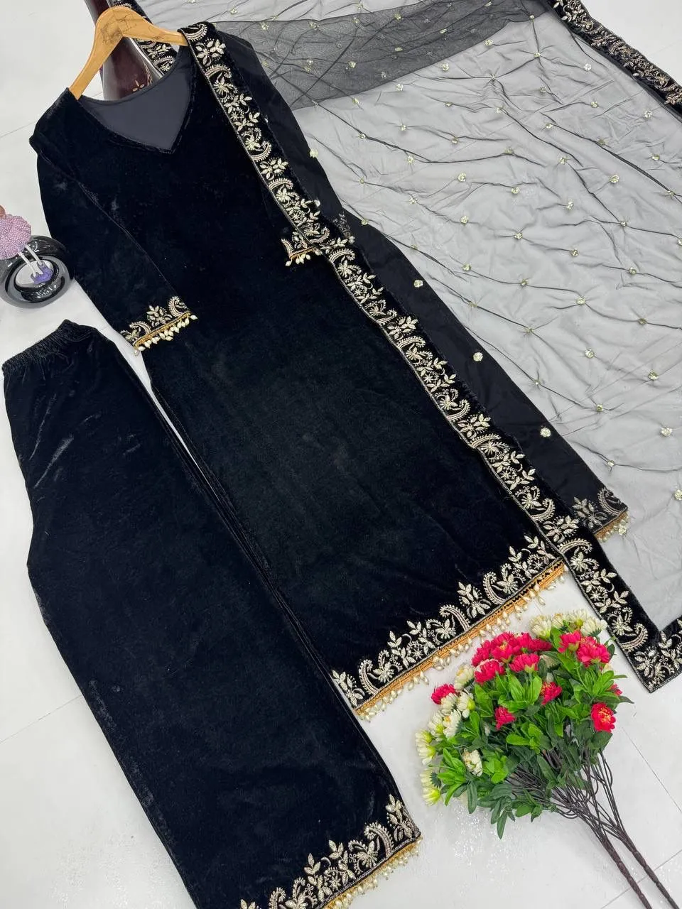 Black Velvet Salwar Suit with Embroidery - Image 2