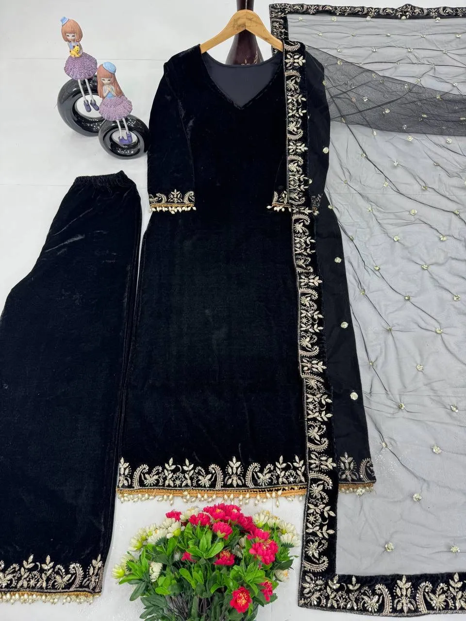 Black Velvet Salwar Suit with Embroidery - Image 3