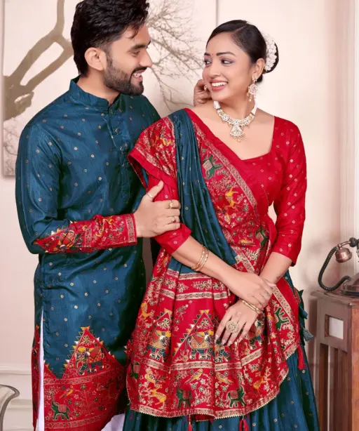 Blue Patola Printed Couple Combo Lehenga and Kurta