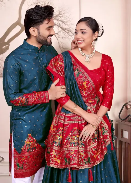 Blue Patola Printed Couple Combo Lehenga and Kurta