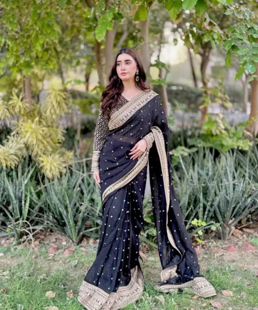 Bollywood Inspired Full Embroidery Black Sari