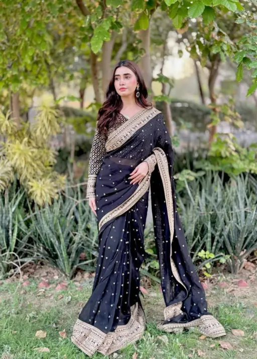 Bollywood Inspired Full Embroidery Black Sari