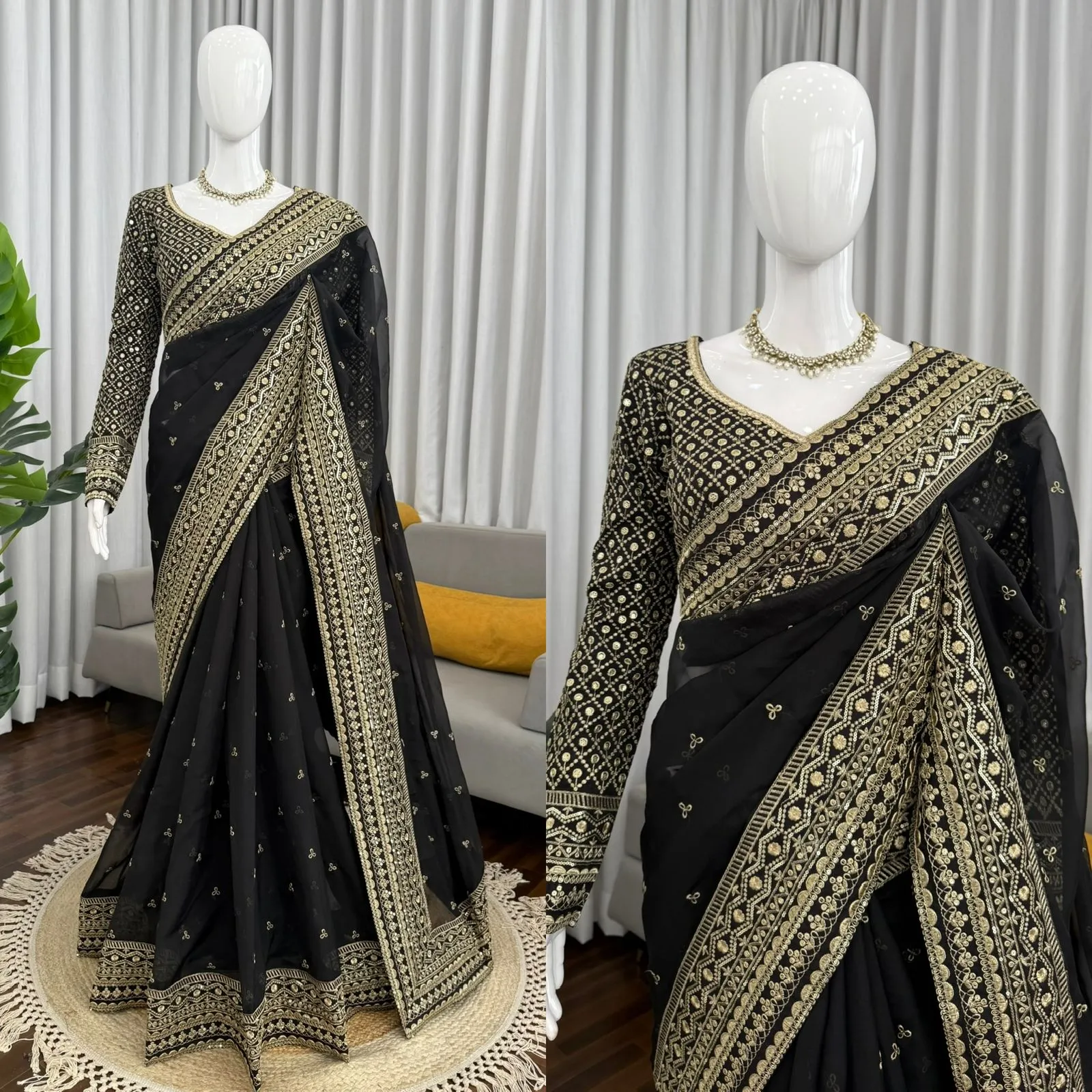 Bollywood Inspired Full Embroidery Black Sari - Image 2
