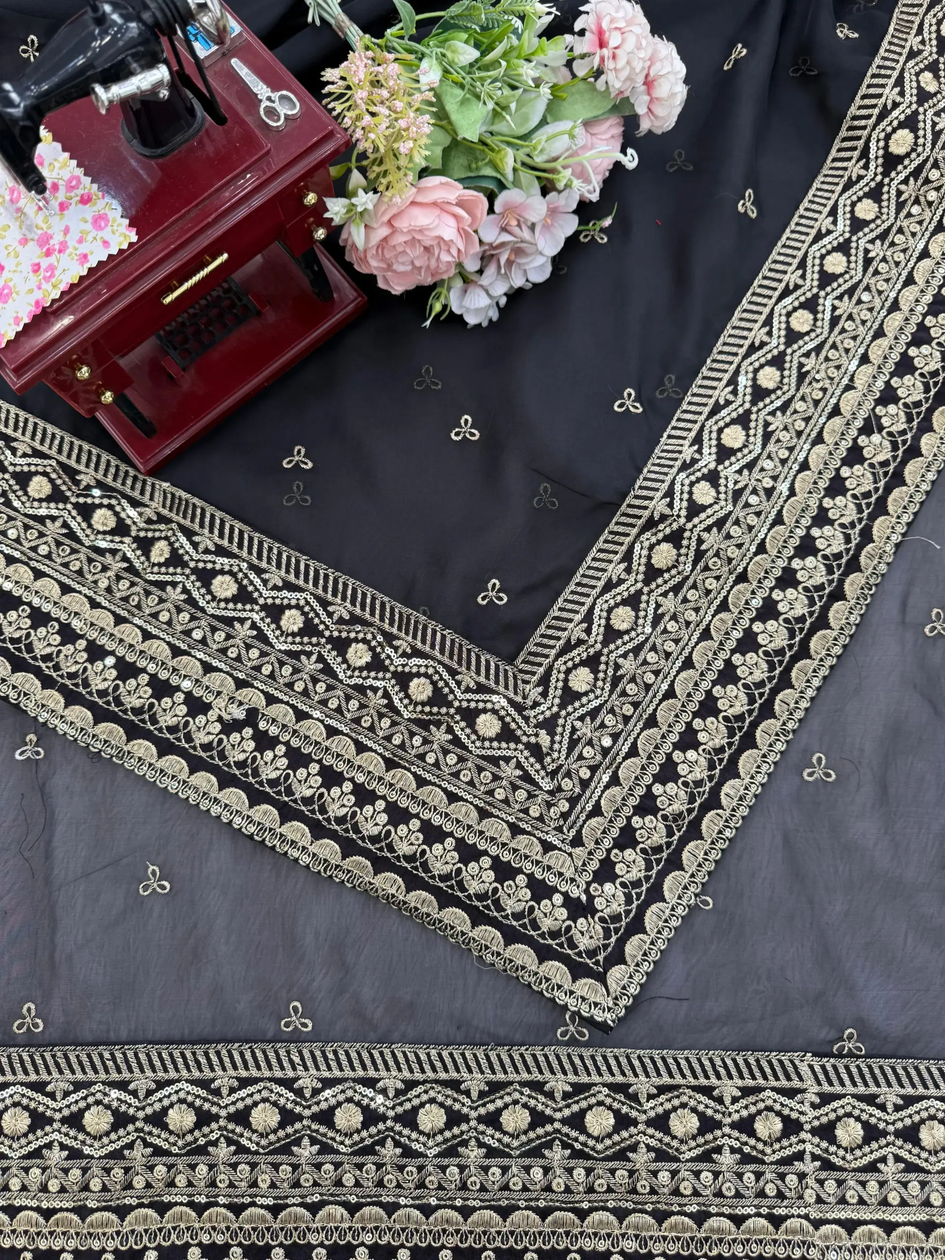Bollywood Inspired Full Embroidery Black Sari - Image 3