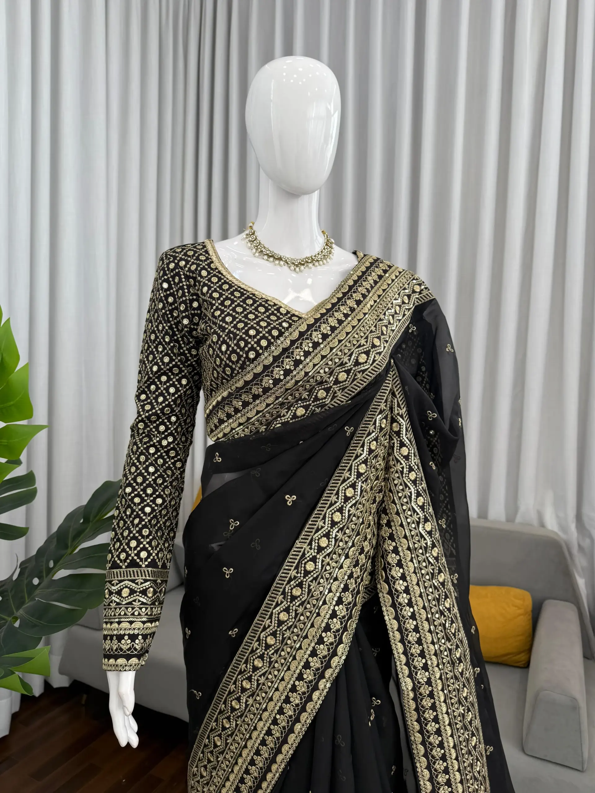 Bollywood Inspired Full Embroidery Black Sari - Image 4