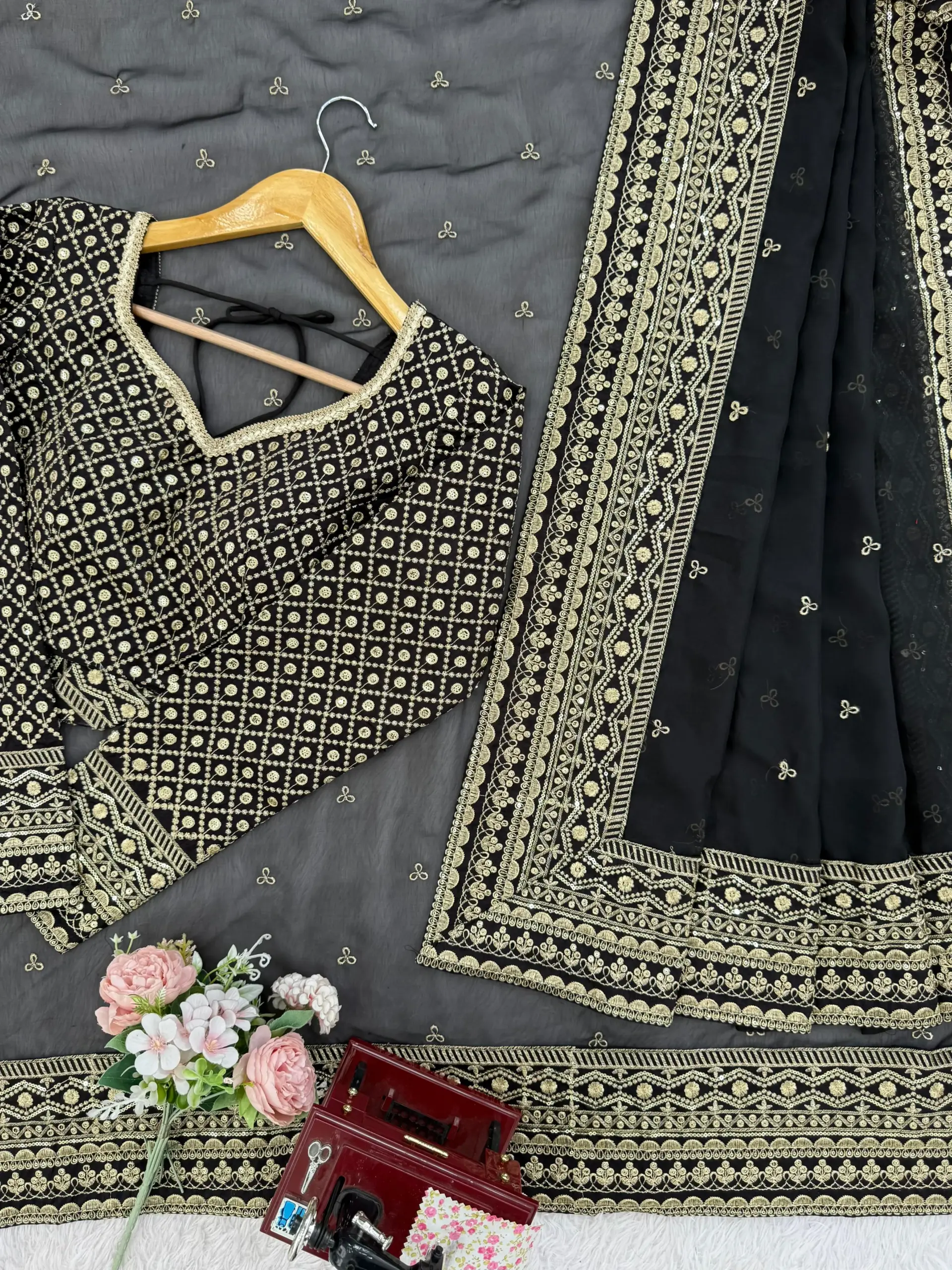 Bollywood Inspired Full Embroidery Black Sari - Image 5