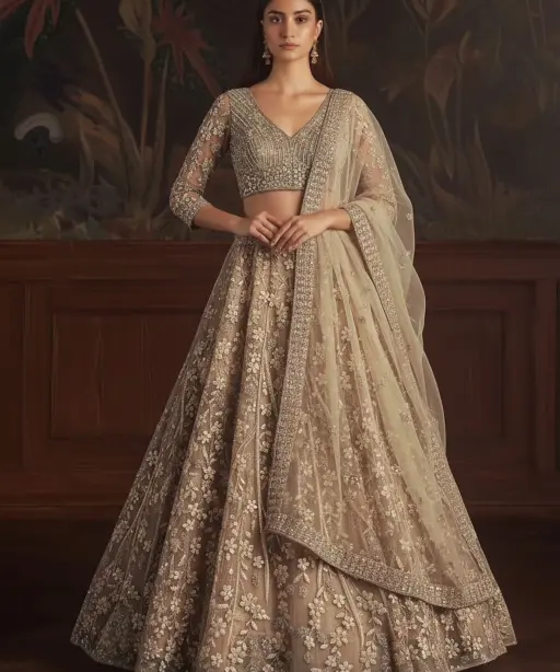 Bridal Net Sequence Golden Lehenga