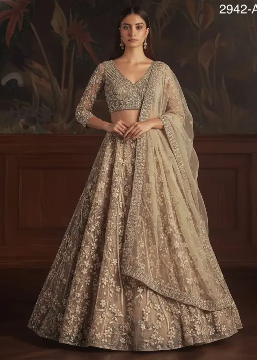 Bridal Net Sequence Golden Lehenga
