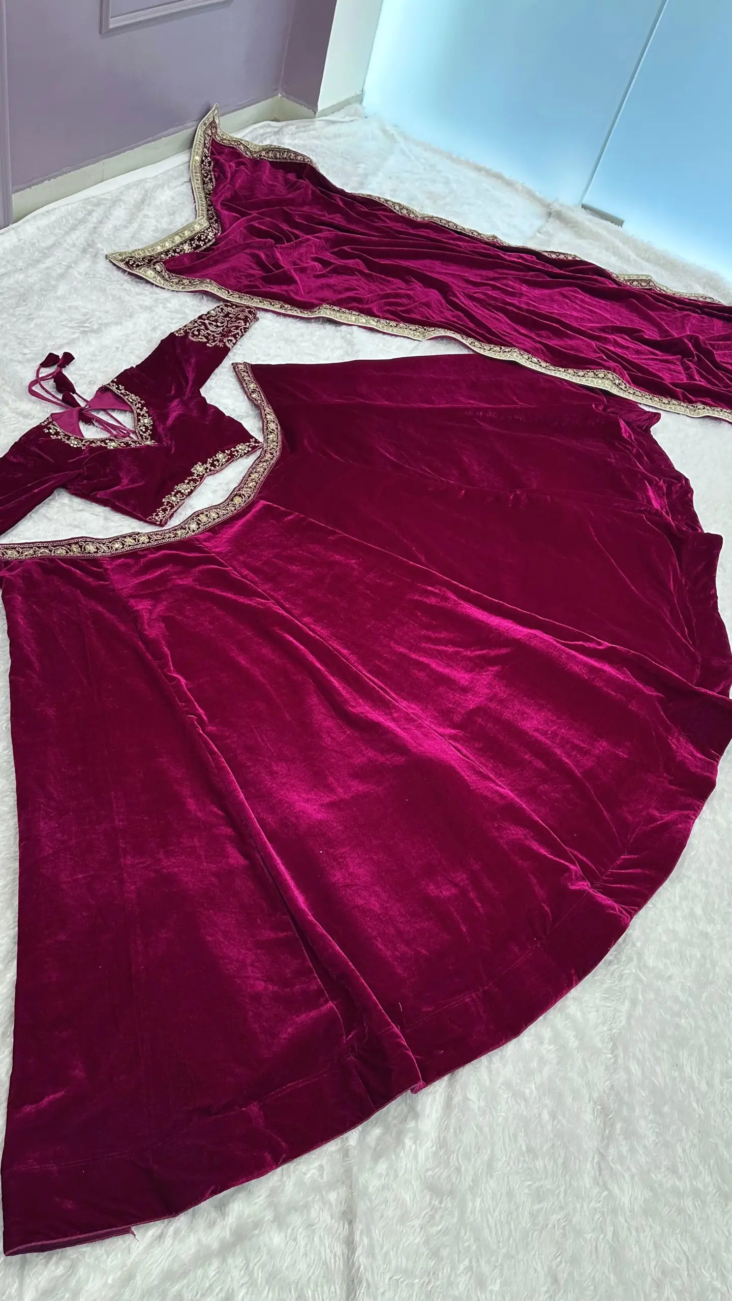 Buy Wine Velvet Lehenga Choli - Image 4