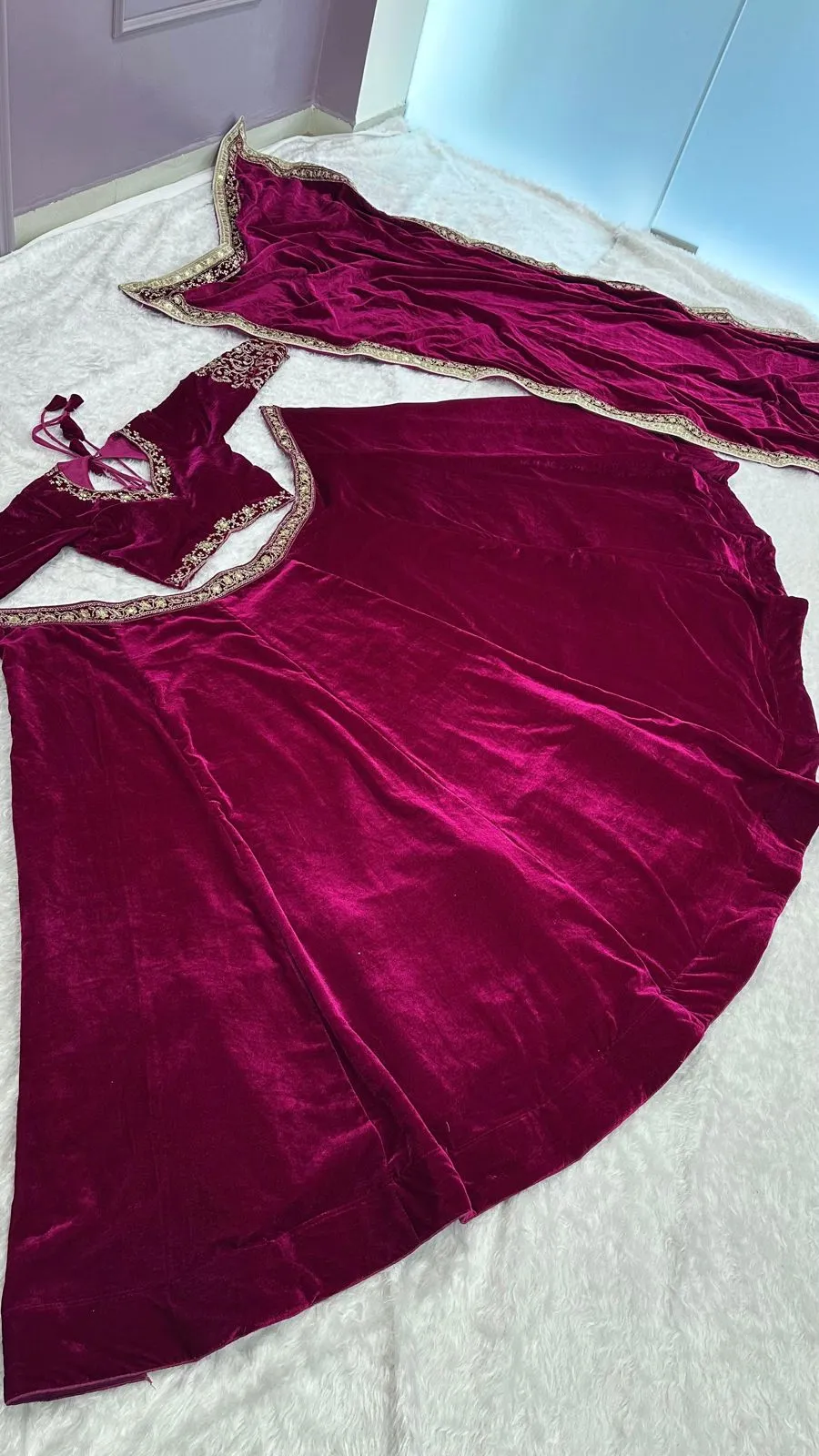 Buy Wine Velvet Lehenga Choli - Image 5