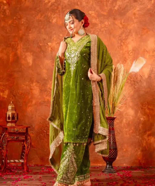 Embellished Green Velvet Dress