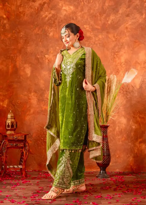 Embellished Green Velvet Dress