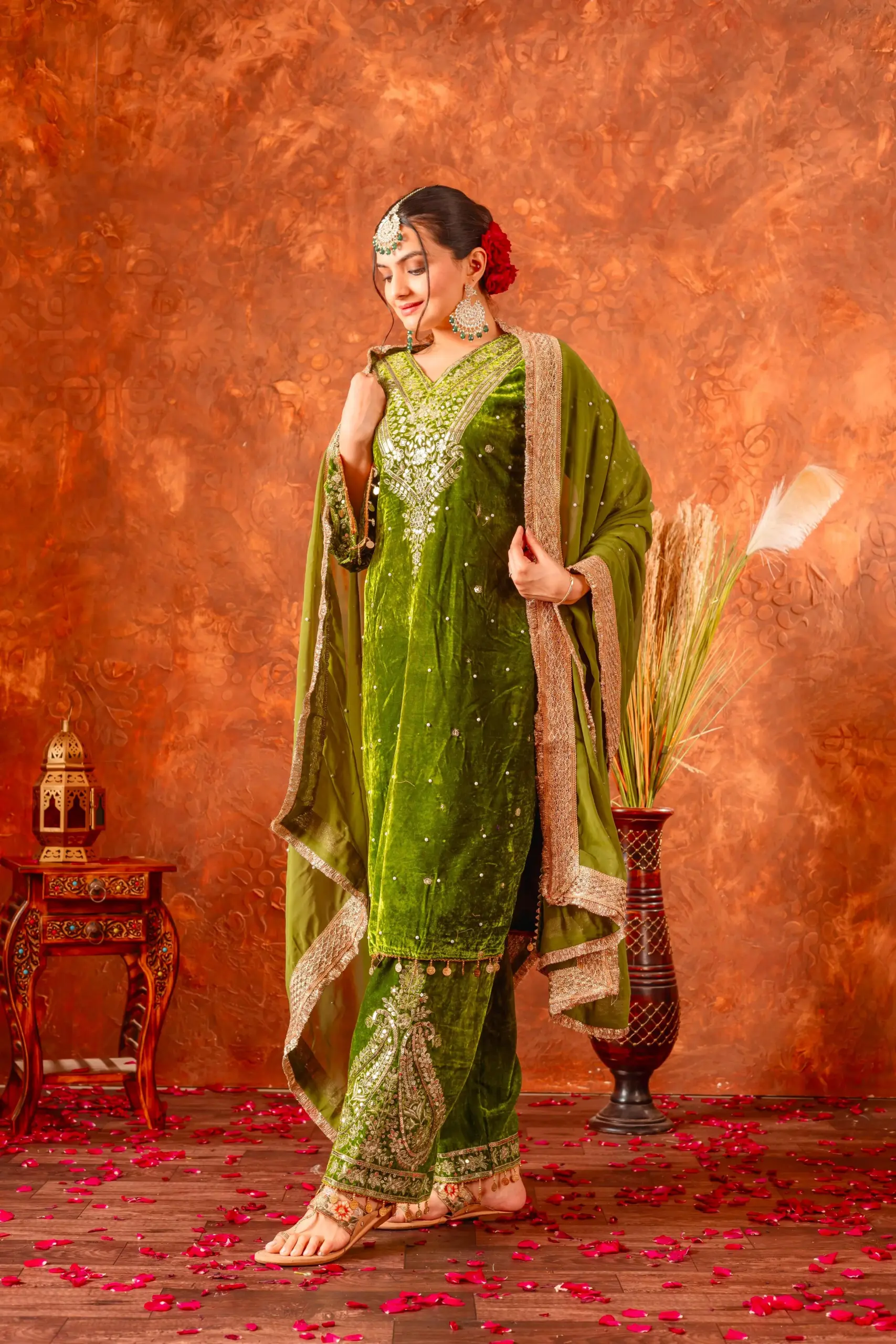 Embellished Green Velvet Dress