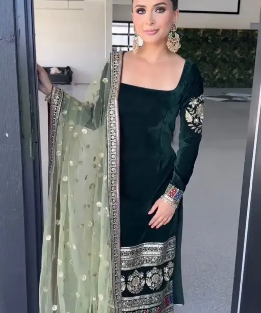 Embellished Green Velvet Straight Churidar Suit