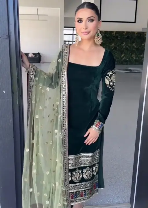Embellished Green Velvet Straight Churidar Suit