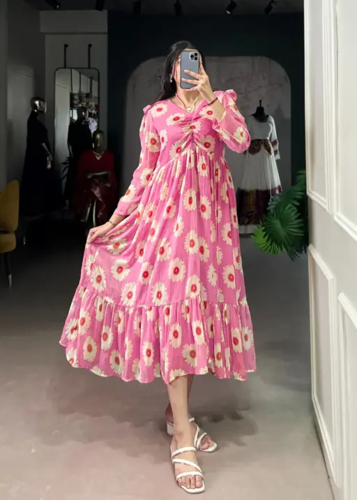 Fancy Readymade Floral Pink Frock