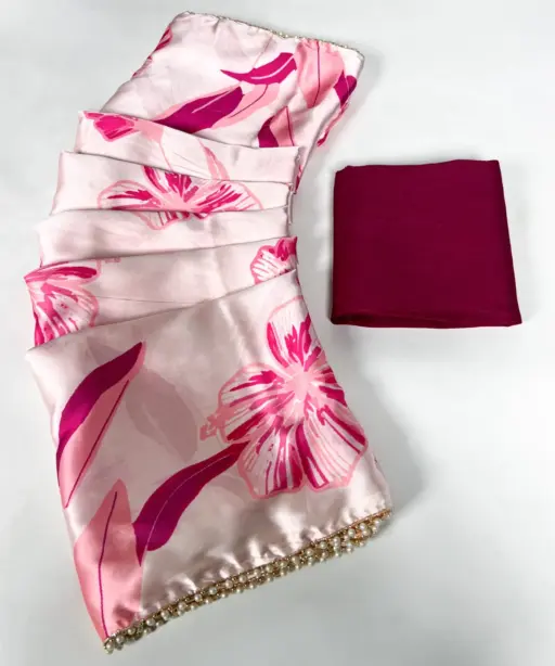 Floral Satin Sarees with Pearl Border