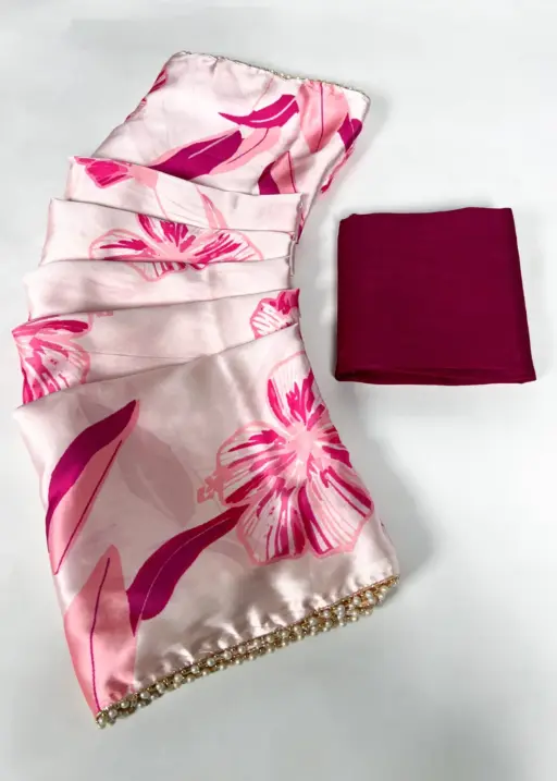 Floral Satin Sarees with Pearl Border