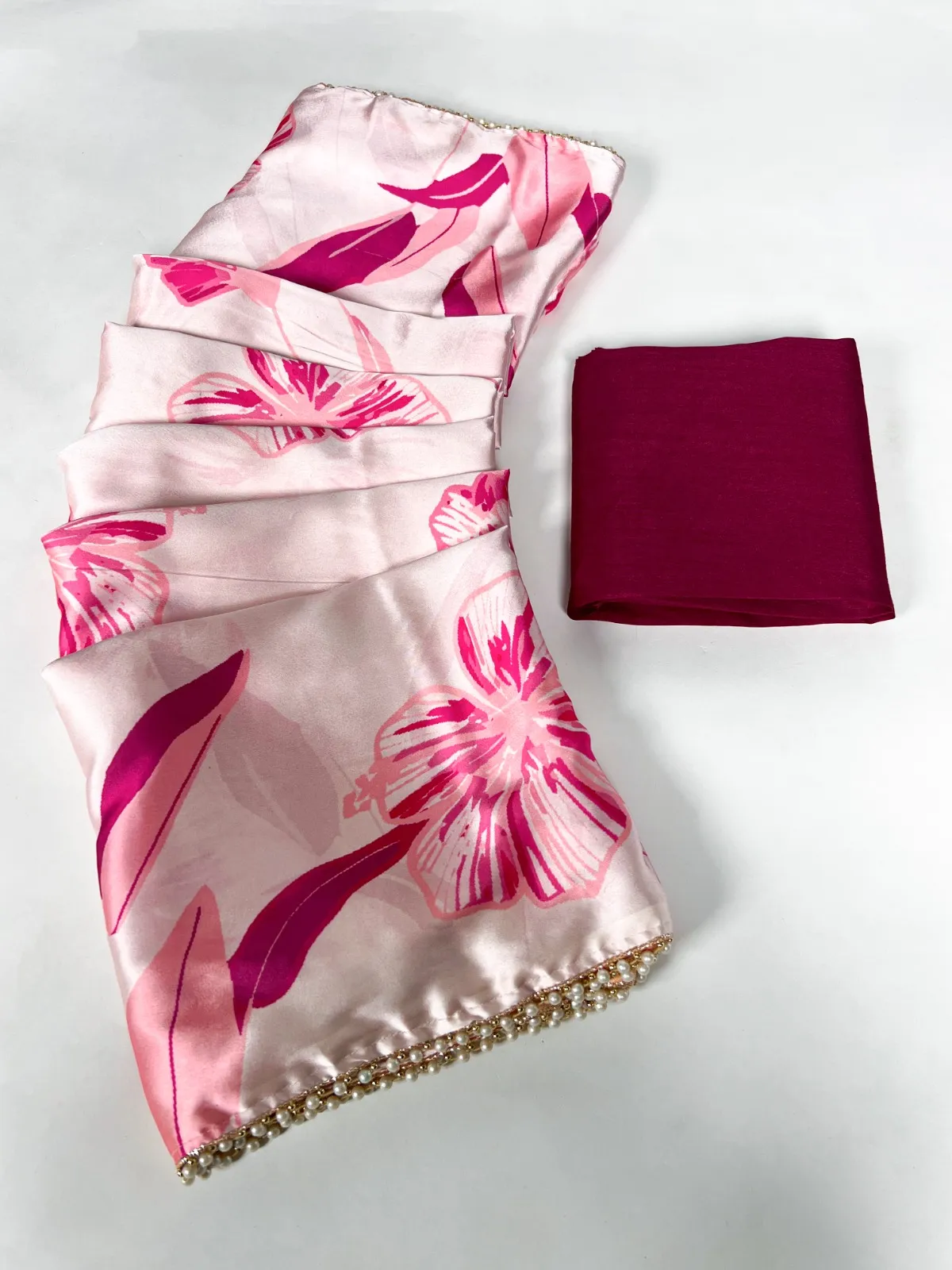 Floral Satin Sarees with Pearl Border