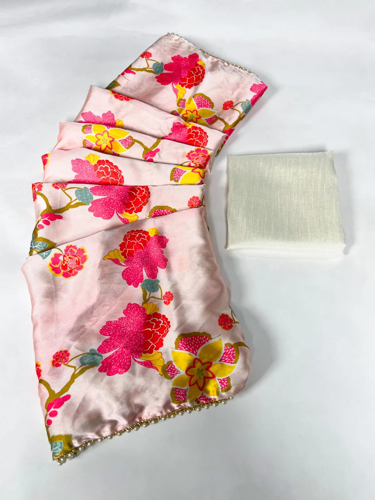 Floral Satin Sarees with Pearl Border - Image 2