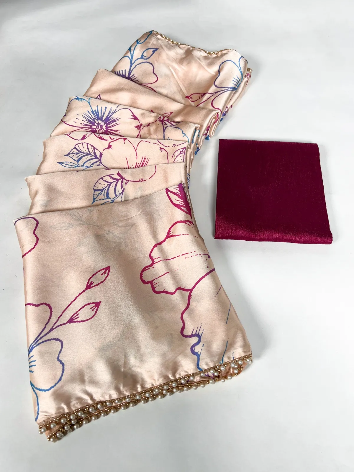 Floral Satin Sarees with Pearl Border - Image 3