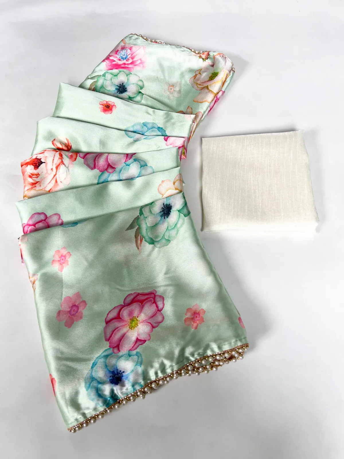 Floral Satin Sarees with Pearl Border - Image 4