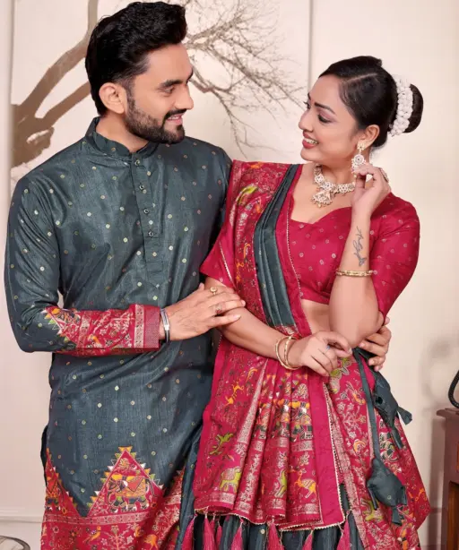 Gray Patola Printed Couple Combo Lehenga and Kurta