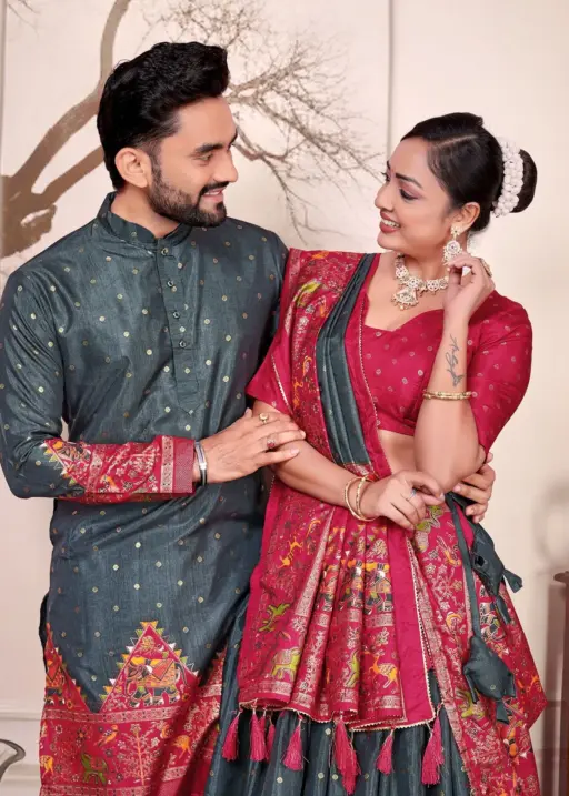 Gray Patola Printed Couple Combo Lehenga and Kurta