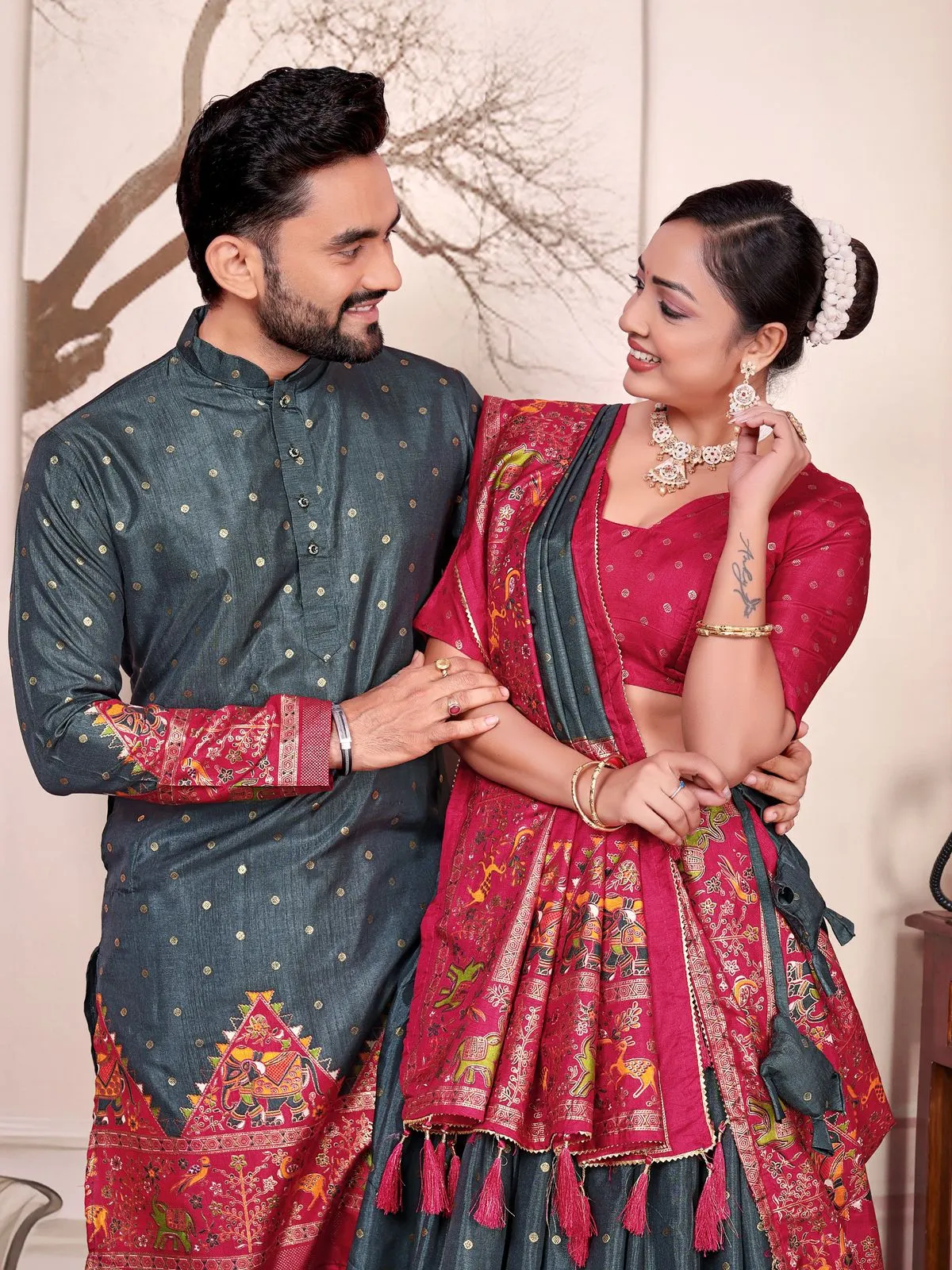 Gray Patola Printed Couple Combo Lehenga and Kurta
