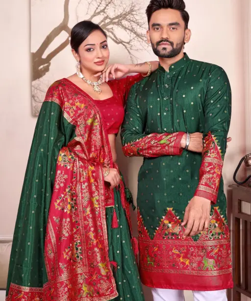 Green Patola Printed Couple Combo Lehenga and Kurta