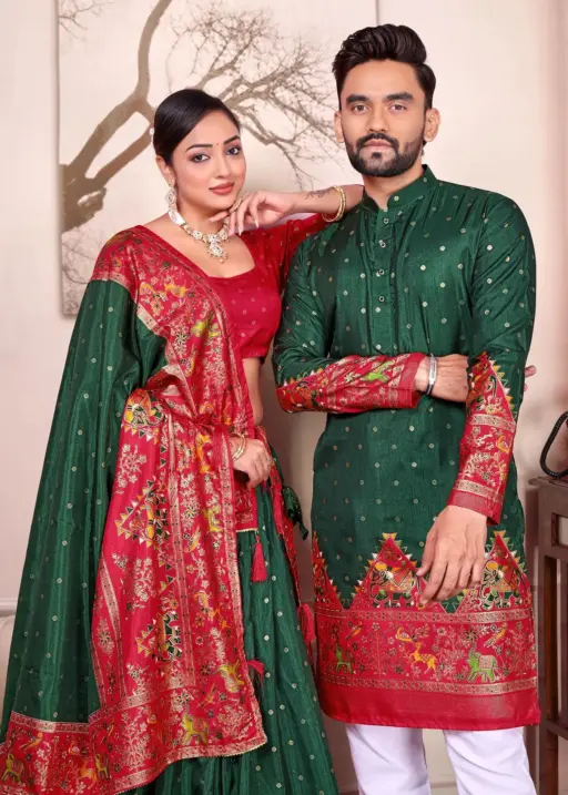 Green Patola Printed Couple Combo Lehenga and Kurta