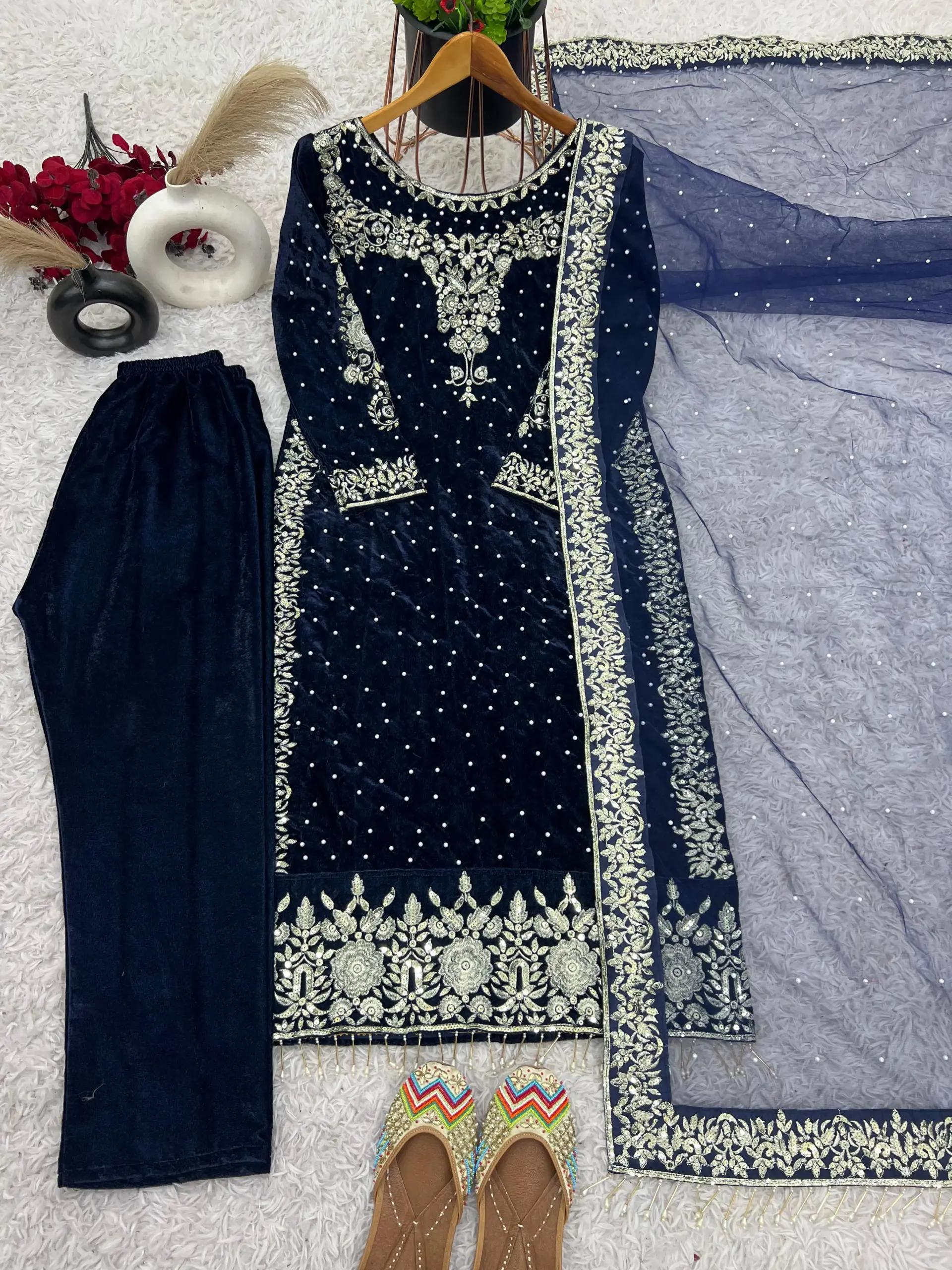 Heavy Embroidery Readymade Velvet Pakistani Suit - Image 7