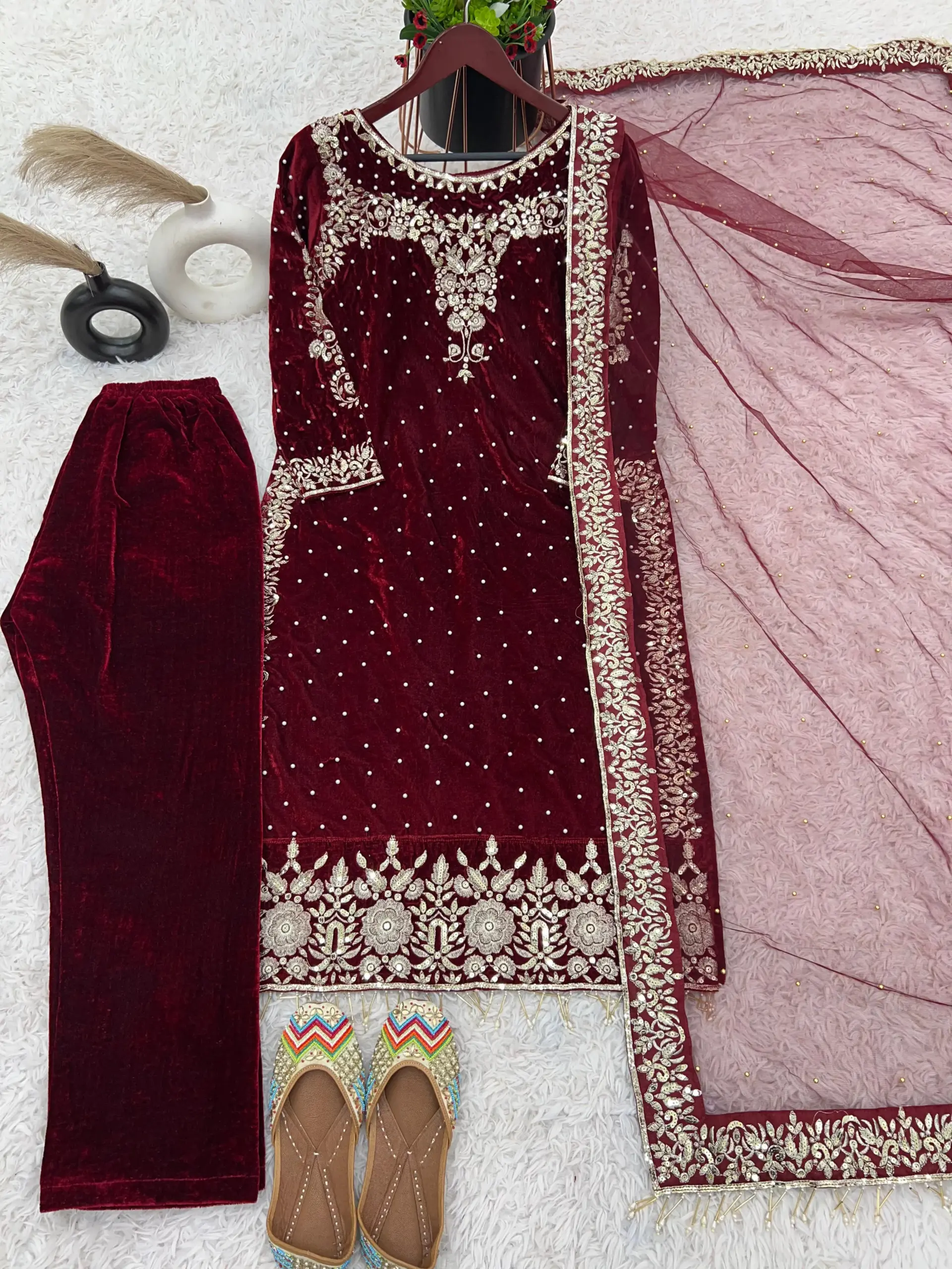 Heavy Embroidery Readymade Velvet Pakistani Suit - Image 9