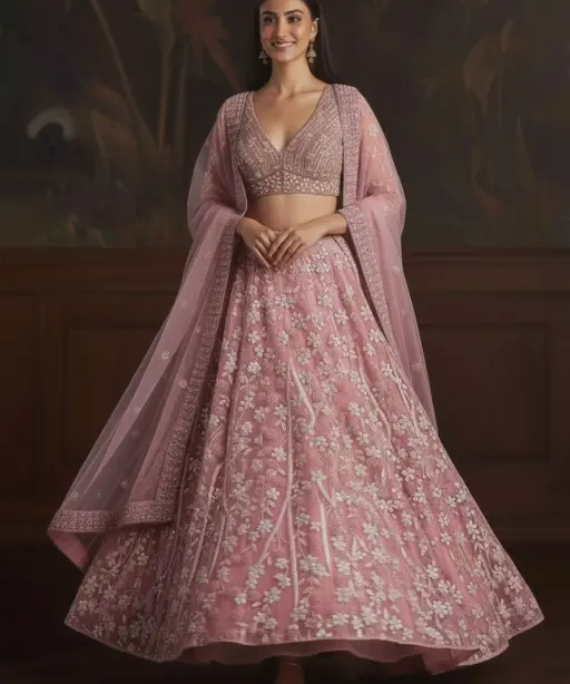 Heavy Sequence Embroidery Reception Pink Lehenga